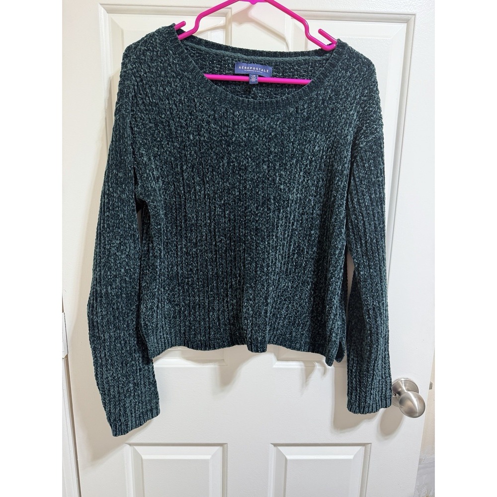 Aeropostale Sweater Women's Lg Dark Green Chenille Cable Knit Y2K Soft Chunky
